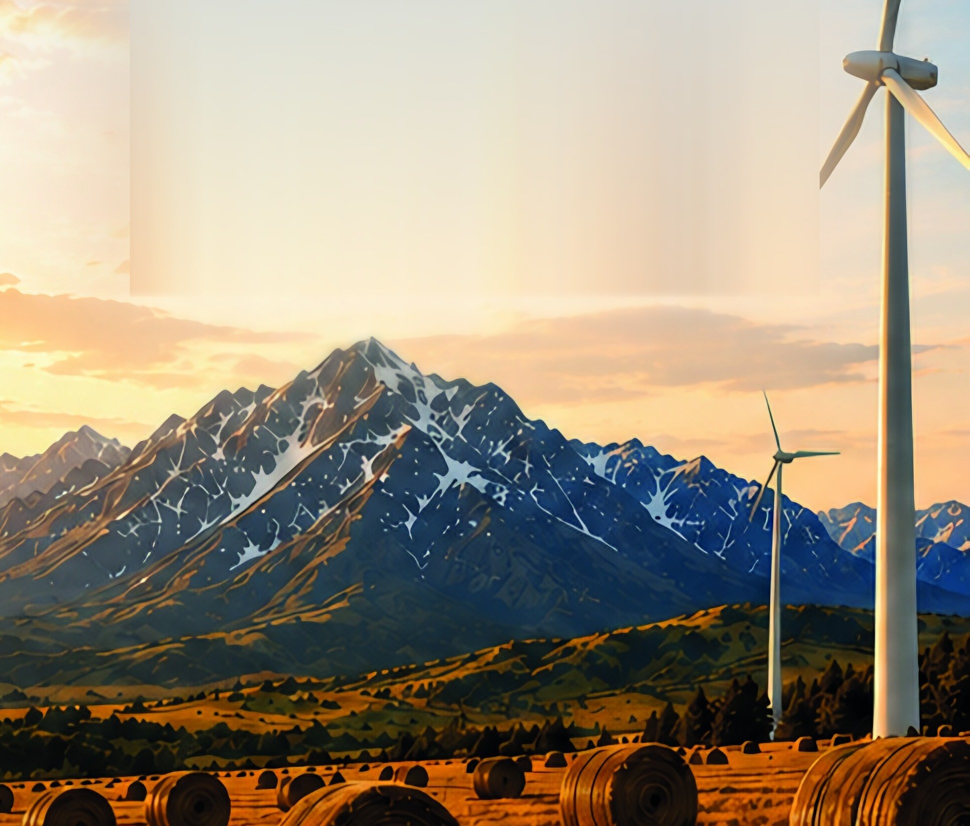 Wind turbines and hay bales beneath the Rockies